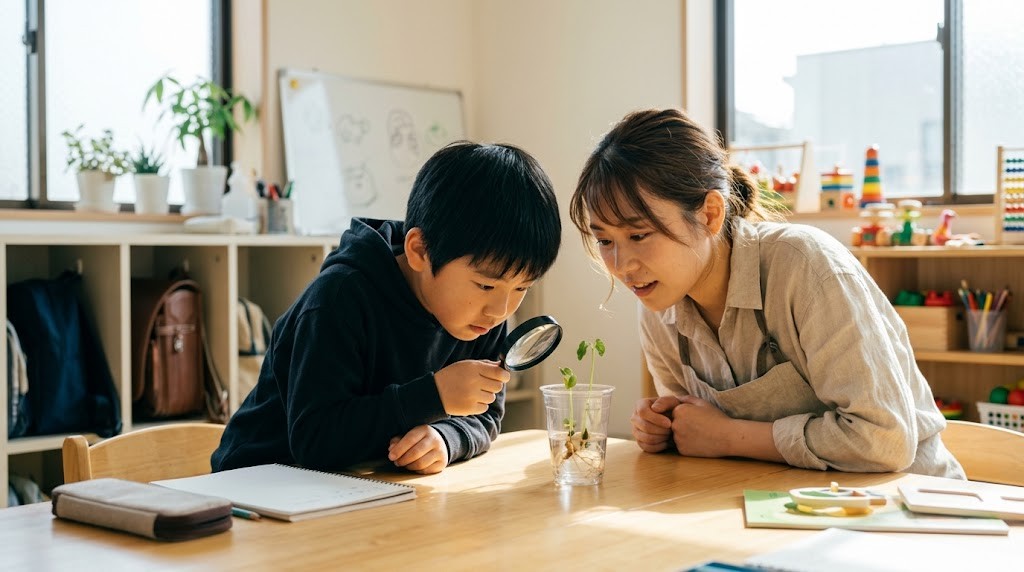 A boy in Japan studies a sprouting bean plant through a magnifying glass while a young staff member leans in beside him (illustrative image)
