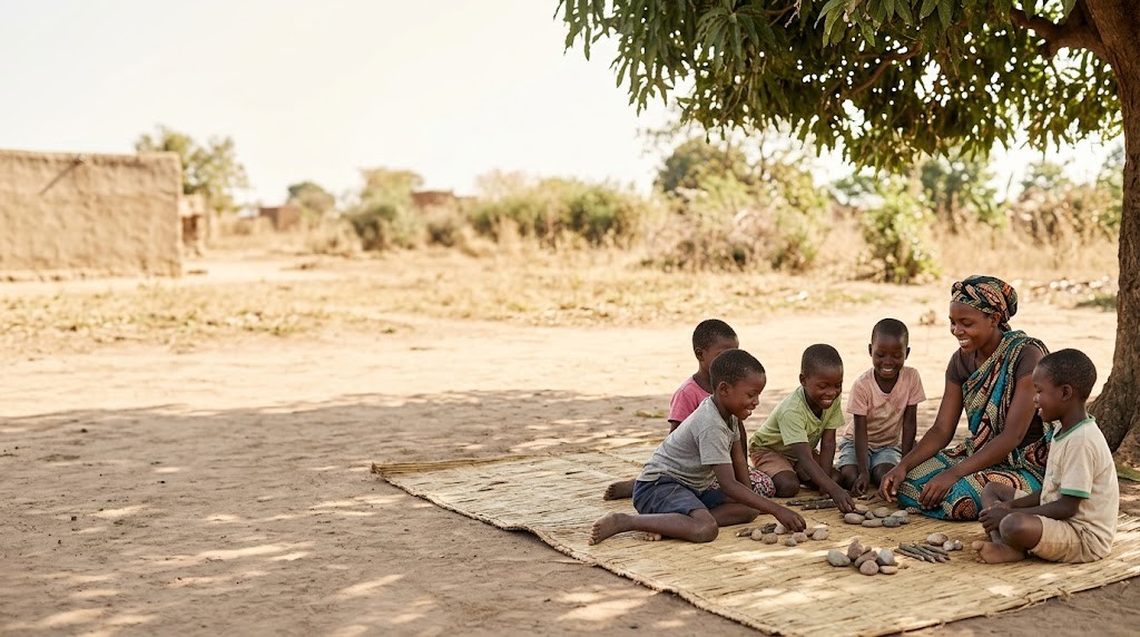 A young facilitator and five children count with small stones on a woven mat under a shade tree in a rural village (illustrative image)