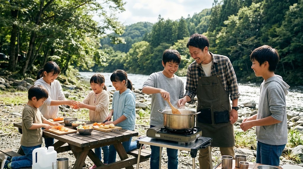Children of mixed ages and a staff member chop vegetables and stir a large pot together at a riverside campsite in Japan (illustrative image)