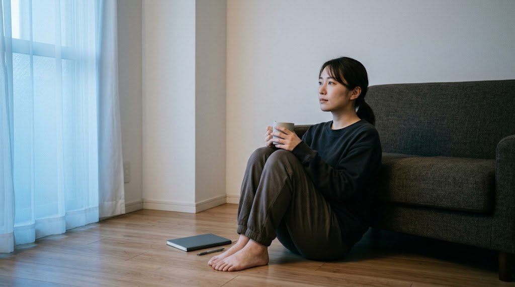 非常勤講師とは自分に合う働き方なのかを、夜の部屋で床に座って静かに考える女性の場面（イメージ）