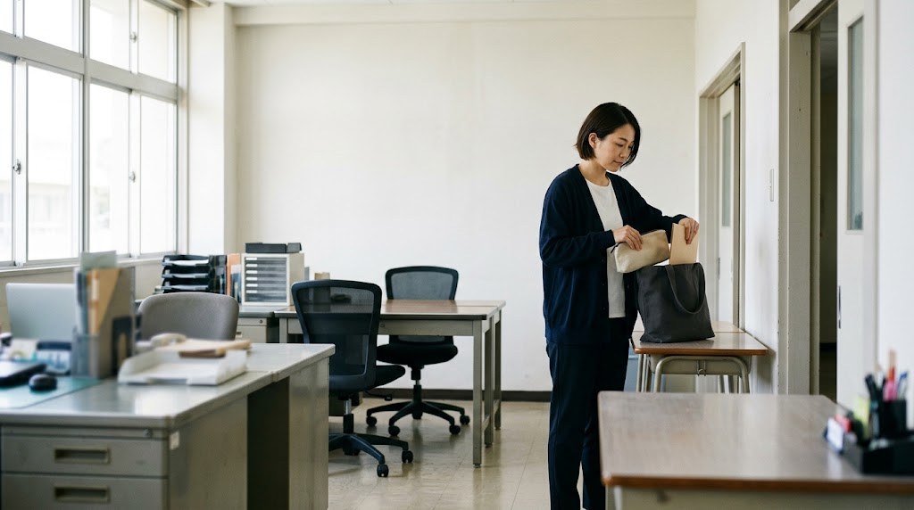 非常勤講師とはどんな働き方かが伝わる、午前の途中に出勤して共用の机に荷物を置く女性の場面（イメージ）