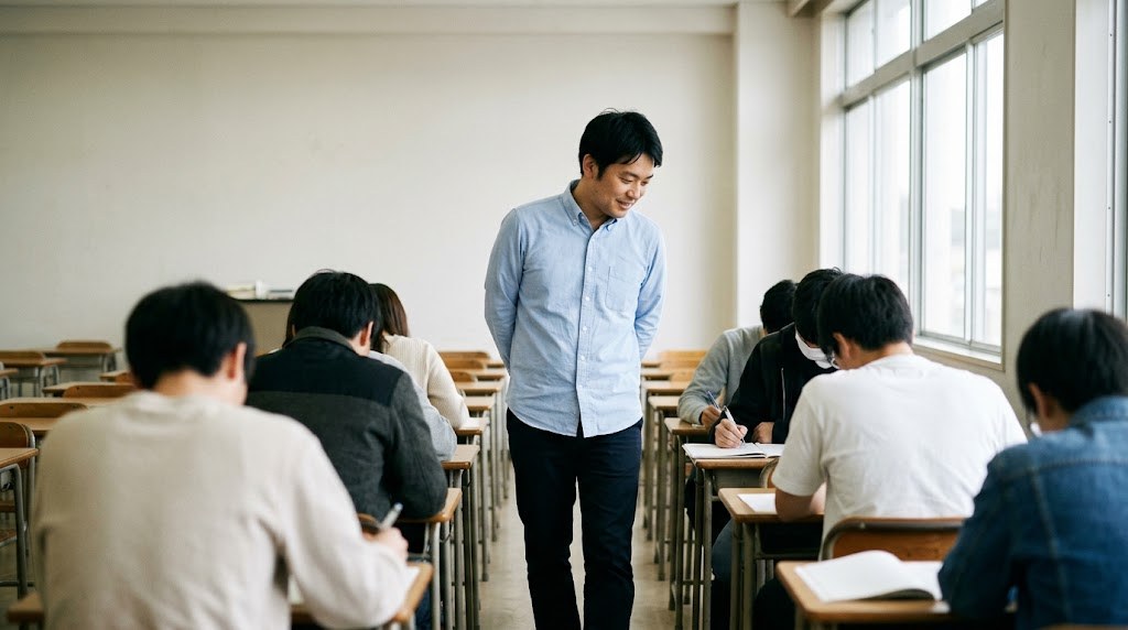 非常勤講師とは授業に集中できる働き方だと分かる、机の間を歩いて生徒の手元を見る男性の場面（イメージ）