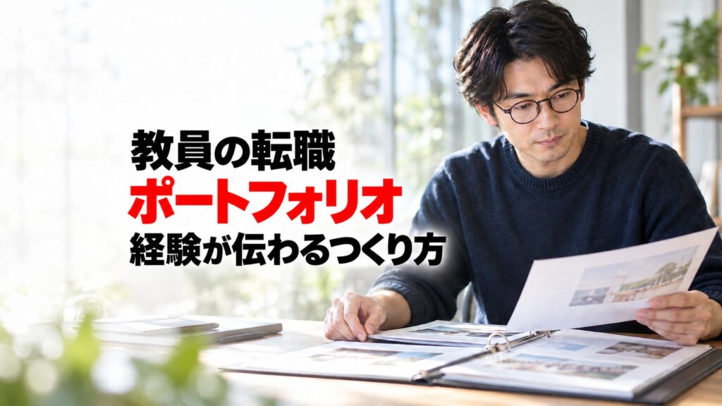 自作の資料を見ながら転職用ポートフォリオの内容を整理する男性