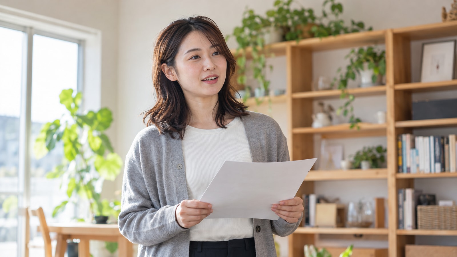 一枚の自作資料を持ち、経験を説明する練習をする女性