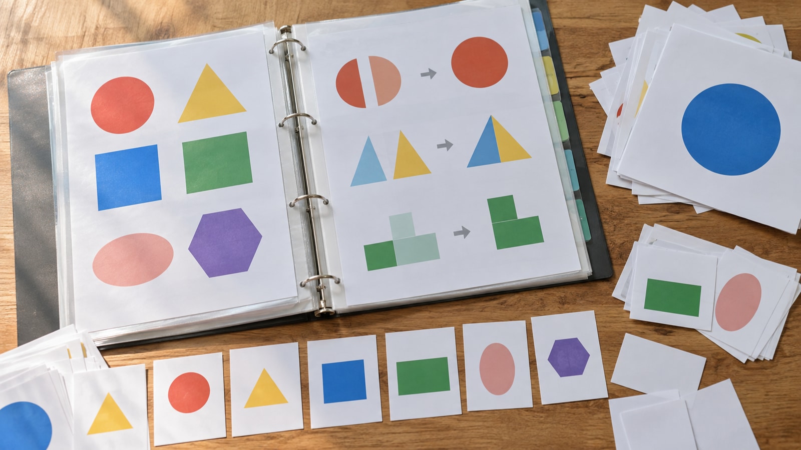 自作の図形教材をファイルに並べ、見せる内容を整理する場面