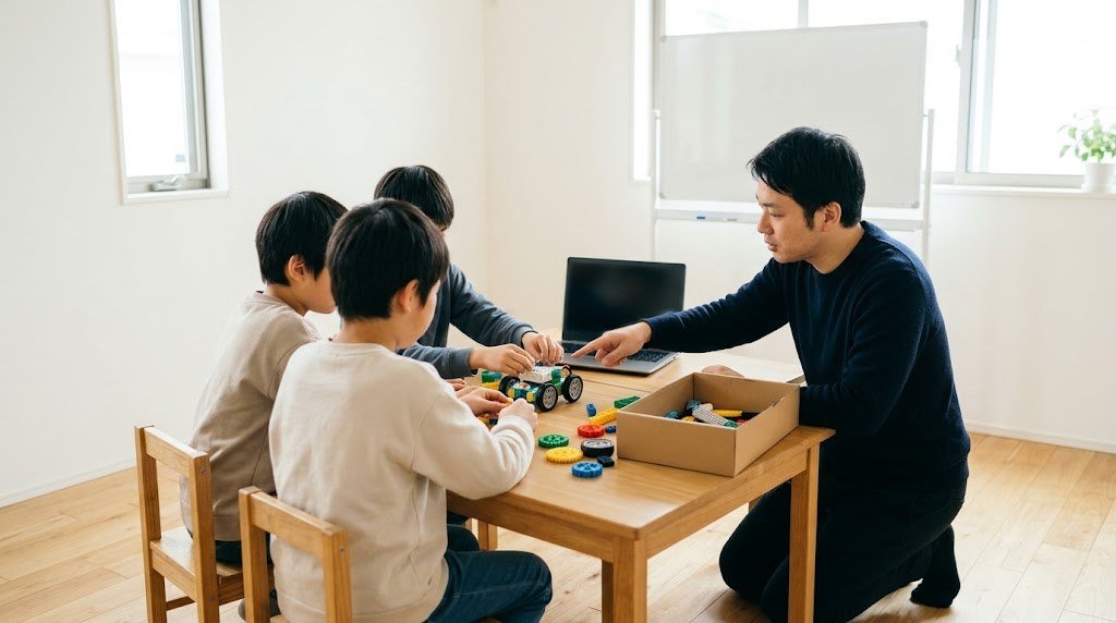 プログラミング教室の経営を広げた教室で、平日の昼にロボットづくりをする子どもたち（イメージ）
