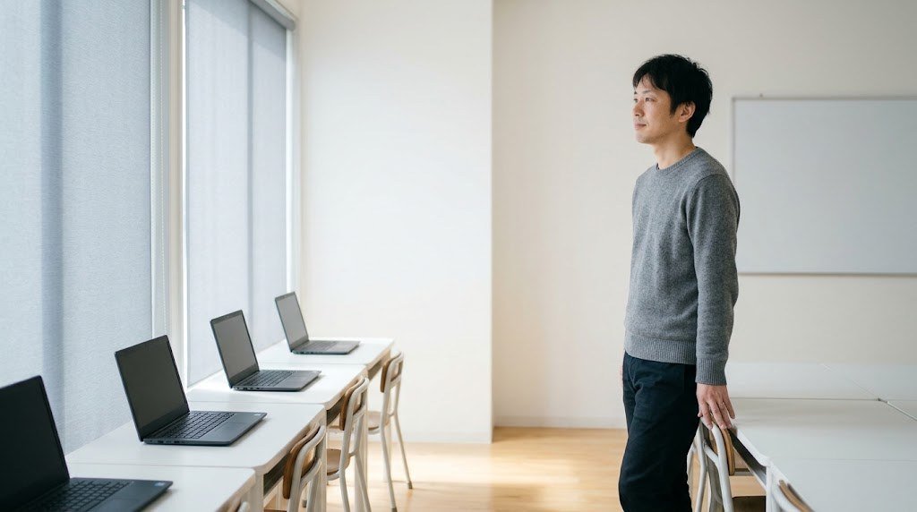 プログラミング教室の経営を考えながら、平日の昼の空いた教室に立つ運営者（イメージ）