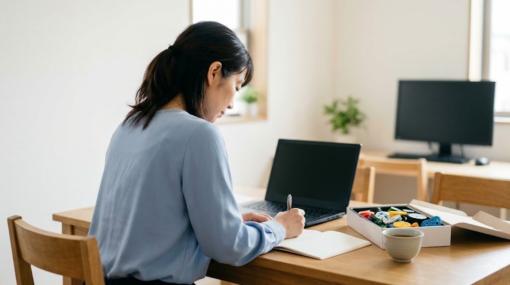 プログラミング教室の経営で、平日の昼の使い道をノートに書き出す女性（イメージ）