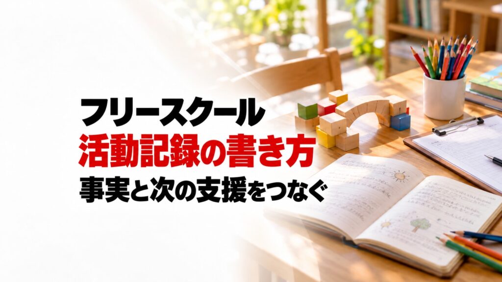 木のブロックと日誌を使って活動記録を考える場面