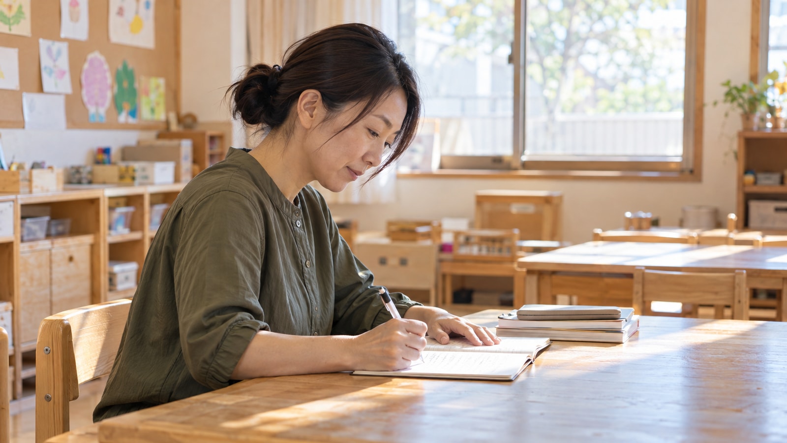 活動後の教室で、その日の出来事をノートへ整理するスタッフ