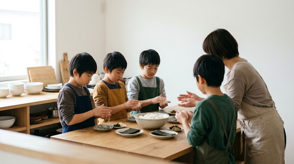 料理教室の経営を広げたキッチンで、平日の昼に子どもたちがおにぎりを作る様子(イメージ)