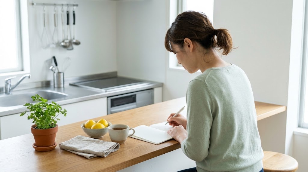 料理教室の経営で、平日の昼の使い道をキッチンのカウンターでノートに書き出す女性(イメージ)