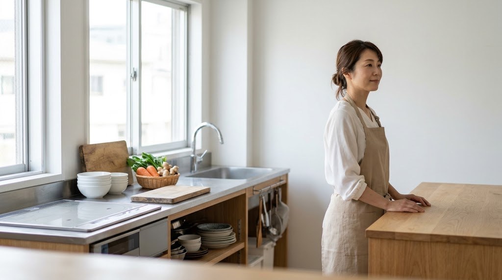 料理教室の経営を考えながら、レッスンのない平日の昼のキッチンに立つ主宰者(イメージ)