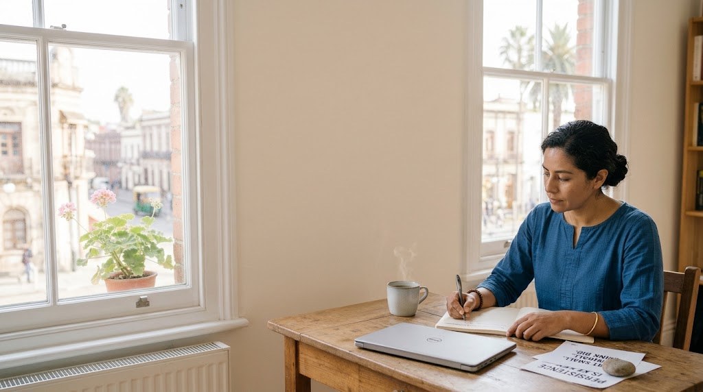 An Indian woman in her forties writes the sections of a school business plan by hand at a wooden desk in a quiet, bare office (illustrative image)