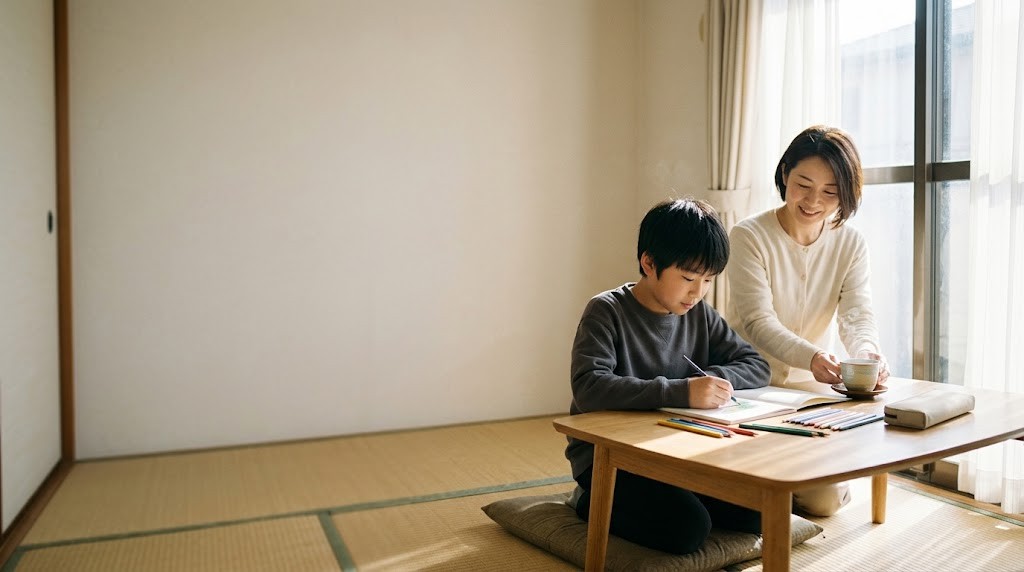 A boy in Japan draws calmly in a sketchbook at a low table at home on a weekday morning while his mother brings him tea (illustrative image)