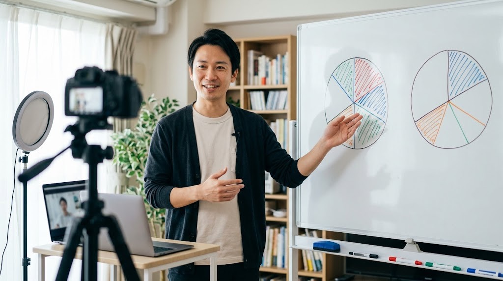 A teacher points at circles divided into colored slices on a whiteboard while giving a live online lesson to a camera (illustrative image)
