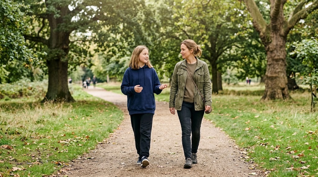 A teenage girl talks with a youth mentor as they walk side by side along a path in a leafy park on a mild day (illustrative image)