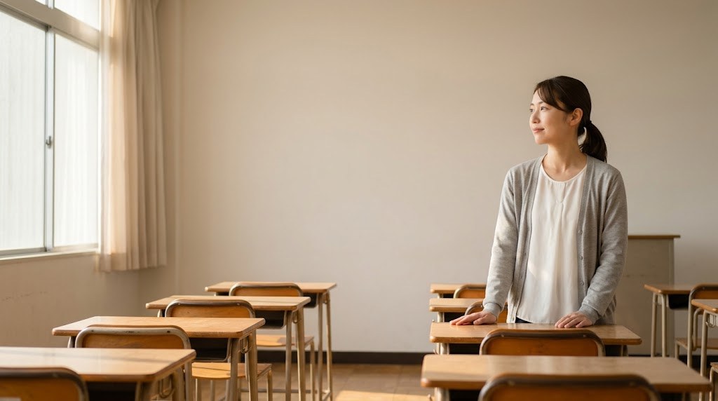 小学校教員の転職を考える20代の先生が、放課後の教室で窓辺に立ち、これまでの経験を振り返る様子（イメージ）