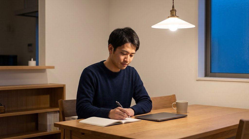 小学校教員の転職の進め方を、夜の自宅でノートに予定と気持ちを書き出して考える30代の先生（イメージ）