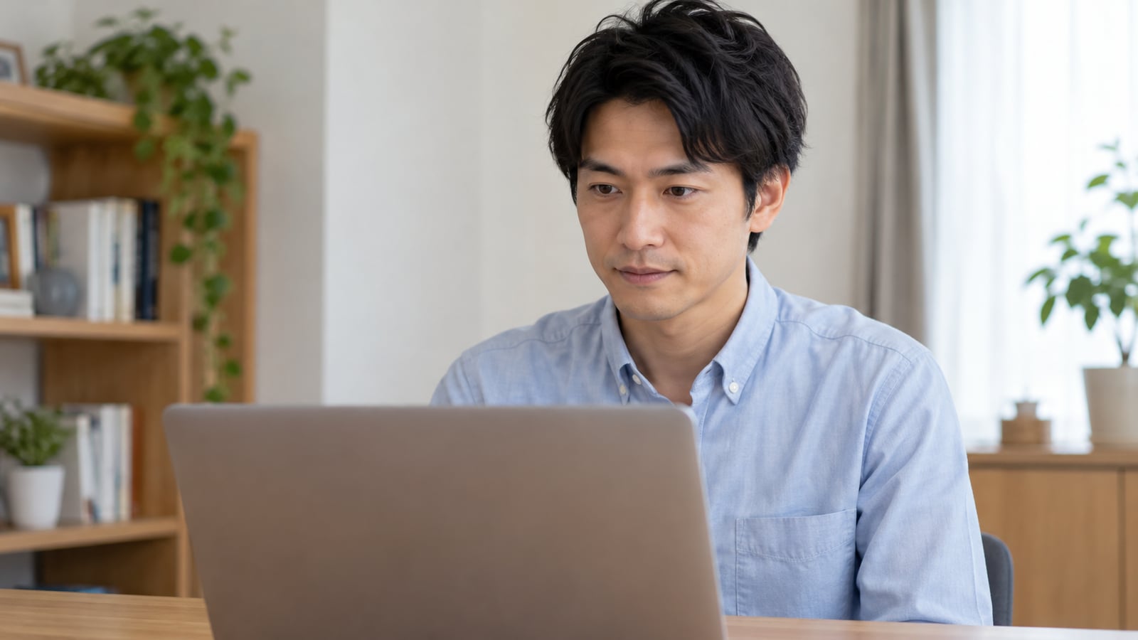教員がパソコンで職務経歴書の内容を見直す場面