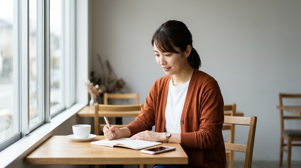教員の転職をいつから始めるか迷う先生が、休日のカフェでノートに自分の経験を書き出す場面(イメージ)