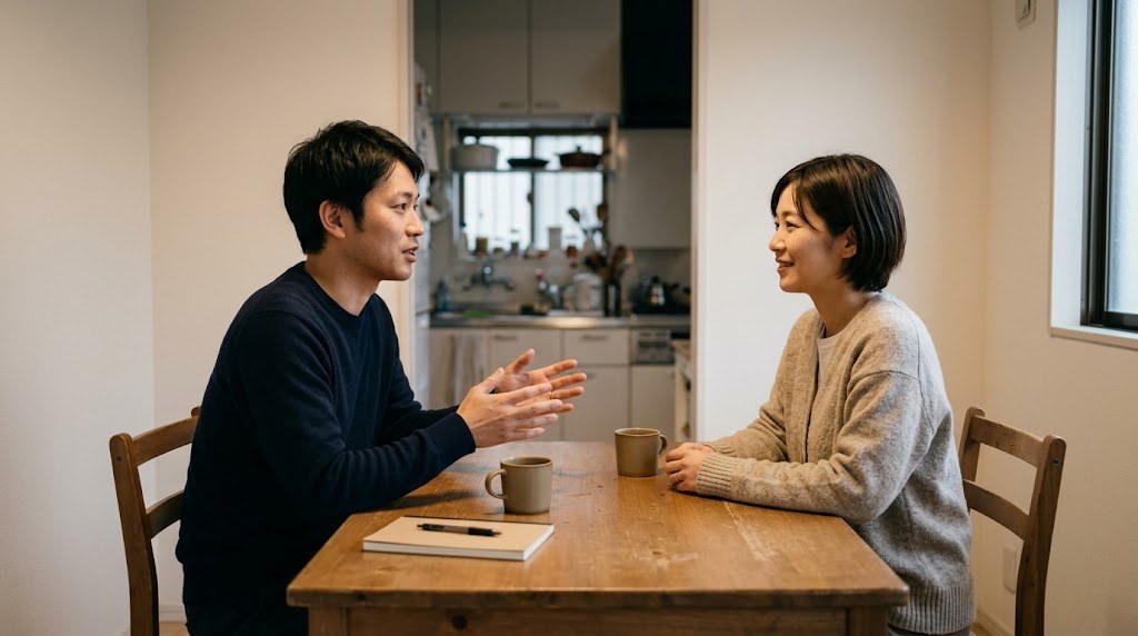 教員の転職をいつから進めるか、自宅の食卓で家族とこれからの暮らしについて話し合う先生(イメージ)