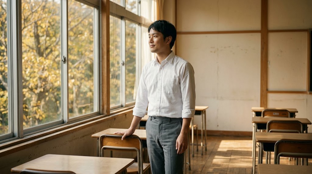 教員が転職をいつから考えるか、秋の放課後の教室で窓の外を見ながら来年度を思う男性の先生(イメージ)