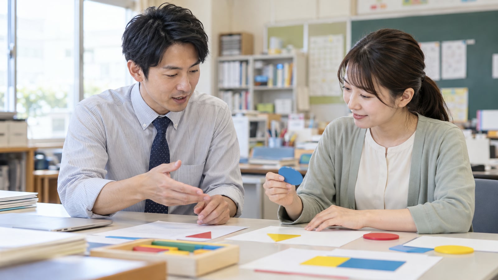教員が同僚と教材を見ながら、授業の工夫や担当した役割を振り返る場面