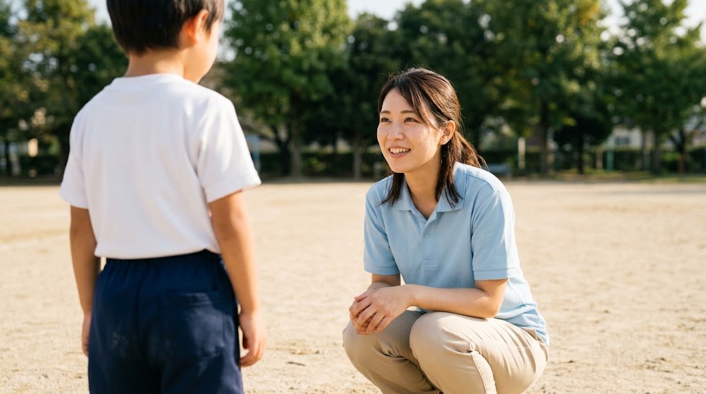 教員を辞めるか迷う先生が、校庭で子どもの話に笑顔で耳を傾けている放課後の場面（イメージ）