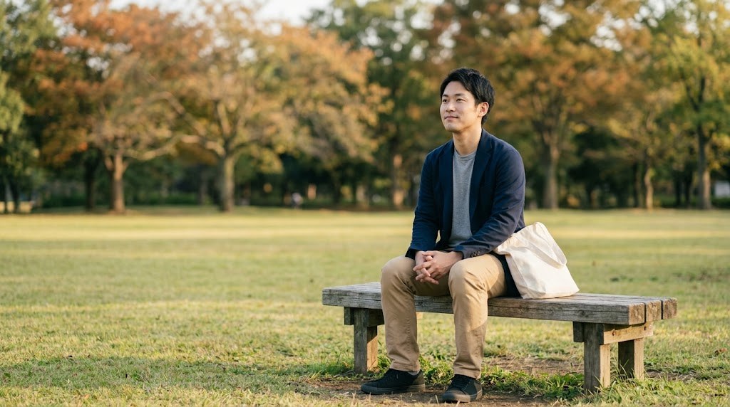教員を辞めるか迷うなか、公園のベンチで5年後の働き方を静かに思い描く先生（イメージ）