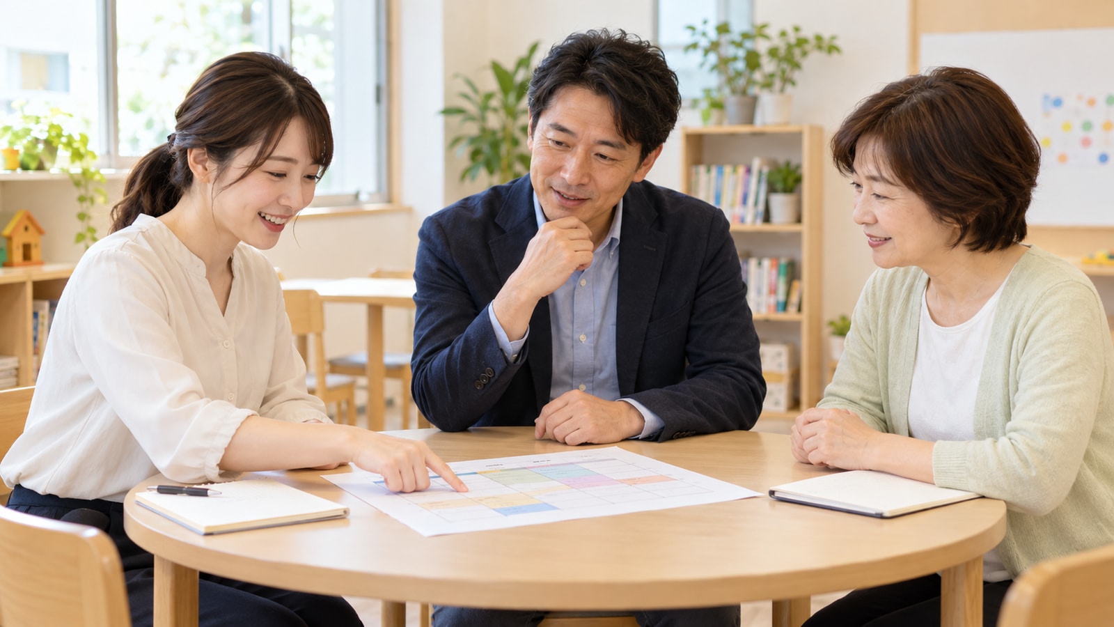 開校前に予定表を囲み、担当する仕事を確認する3人のスタッフ