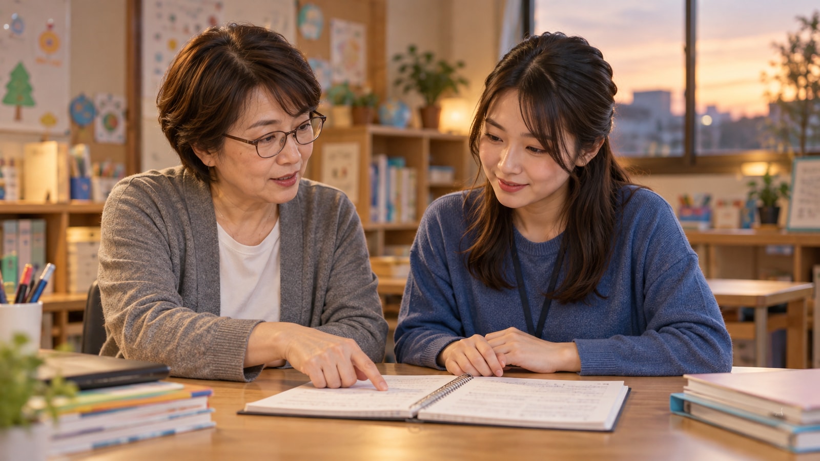一日の記録を開き、次の対応を共有する2人のスタッフ