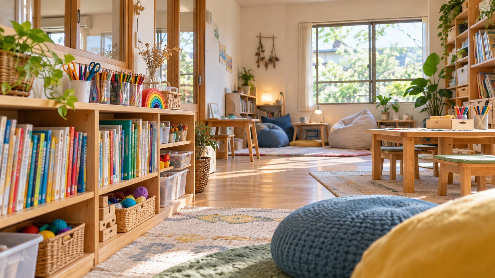 活動する机と、静かに過ごすクッションのある小さな学び場