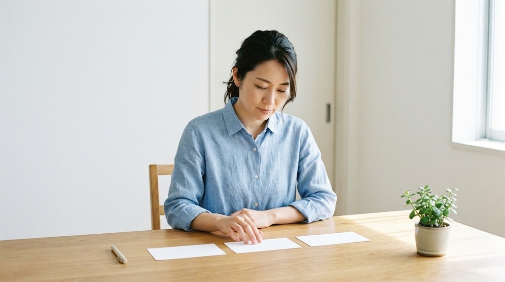 教師しか経験がない人が進む3つの道を、机に並べた白いカードで整理して考える女性（イメージ）