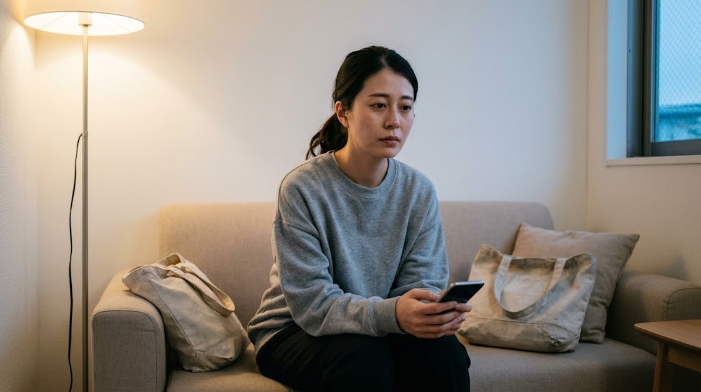 教師しか経験がない自分に転職ができるのか、夜の自宅のソファで静かに考え込む女性の先生（イメージ）