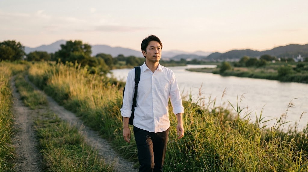 教師しか経験がない男性の先生が、仕事帰りの川沿いの道でこれからの転職を考えて歩く夕方（イメージ）