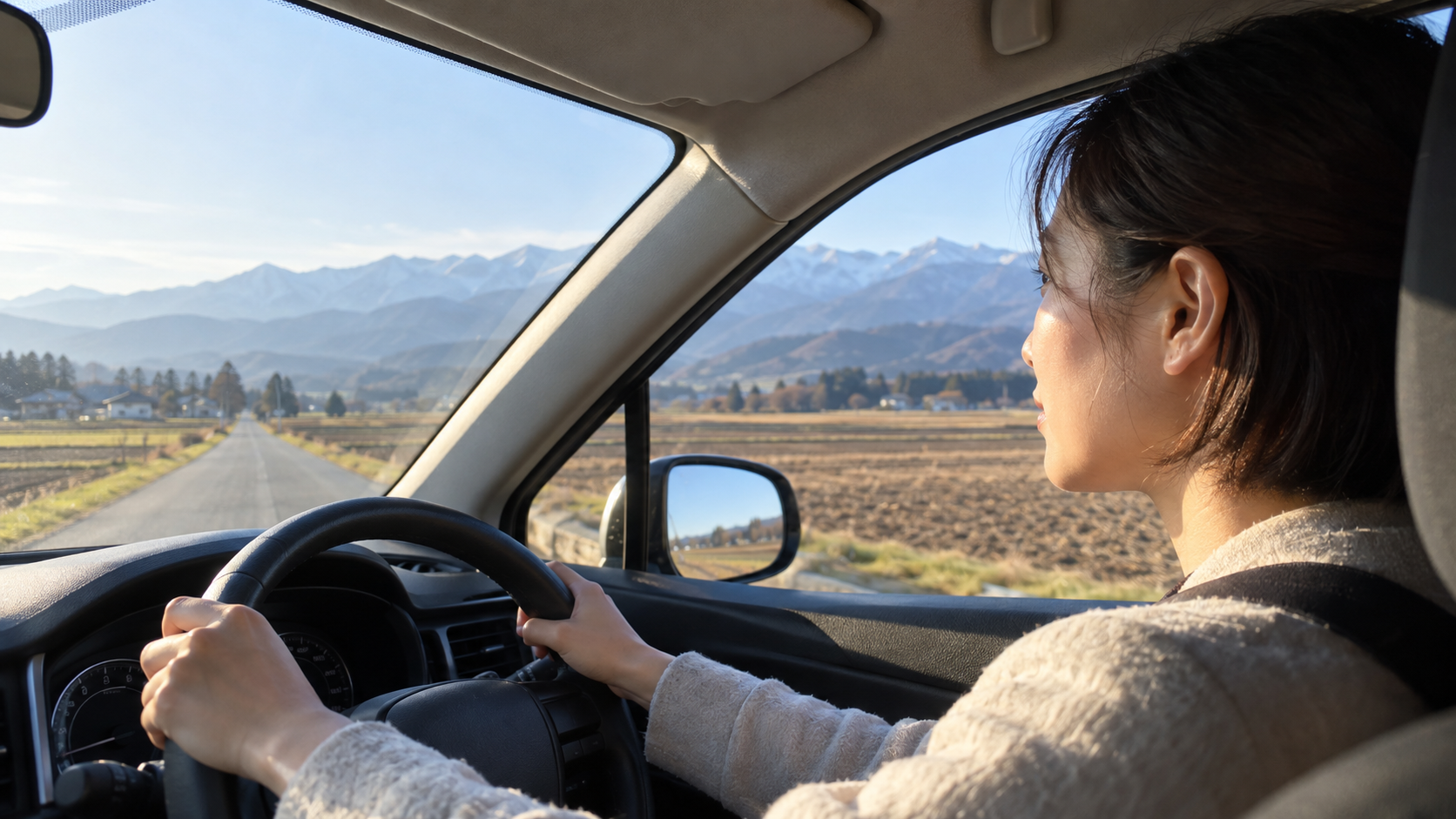 栃木の教員が朝、畑のあいだの道を車で学校へ向かう30代の先生(イメージ)
