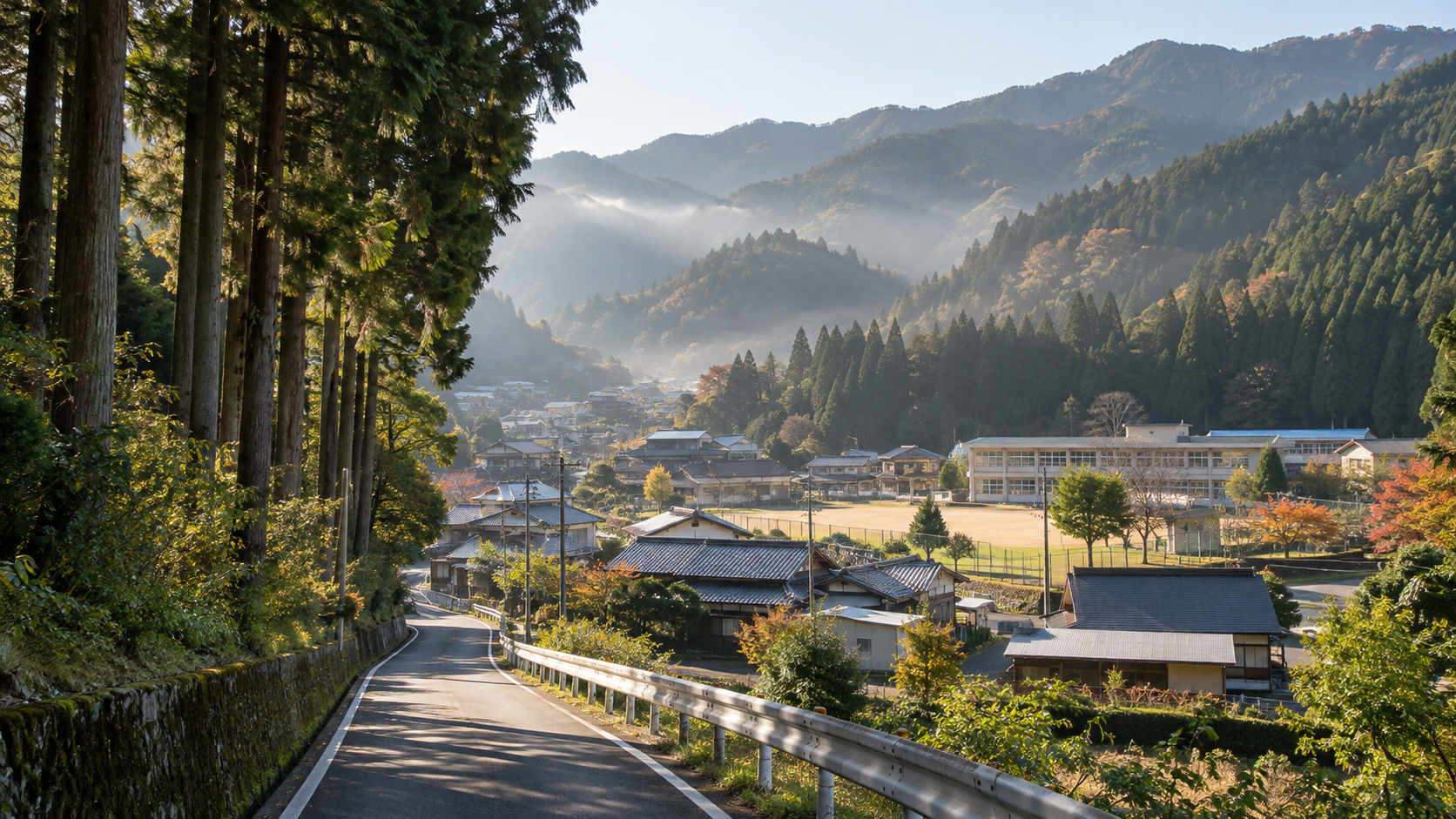 栃木の教員が異動先を考える、杉並木の先の小さな町の朝の景色(イメージ)