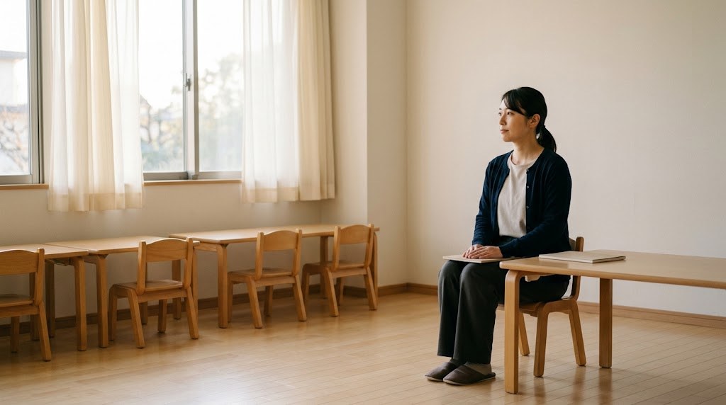 特別支援学校の教員を辞めたいと感じ、放課後の教室で窓の外を静かに見つめる20代の先生（イメージ）