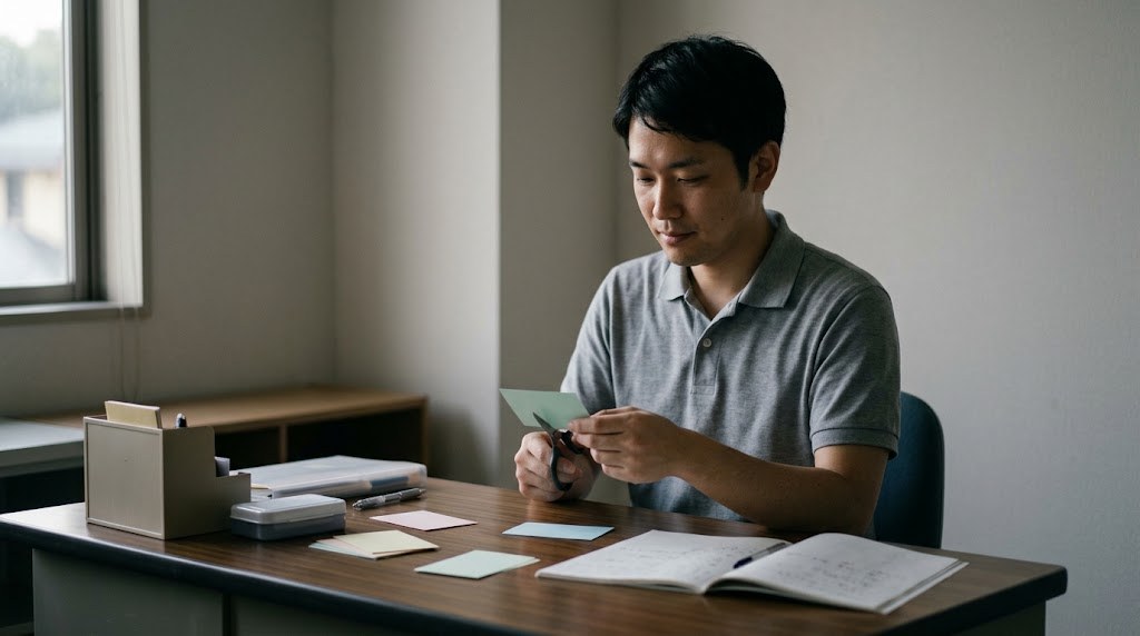 特別支援学級の担任を辞めたいか迷いながら、机で手作りの教材を準備し考えを整理する30代の先生（イメージ）