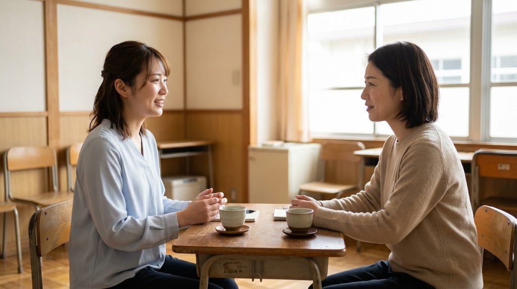 特別支援学校の教員を辞めたい気持ちと今後の働き方を、明るい部屋で同僚に相談する20代の先生（イメージ）