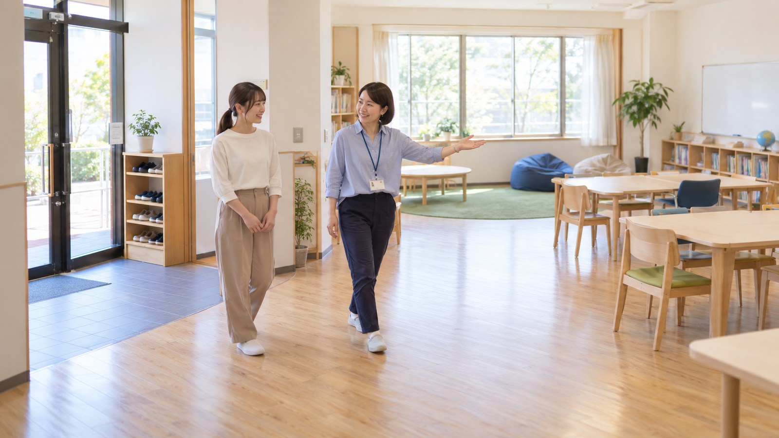 教室の入口と過ごす場所を確認するスタッフ