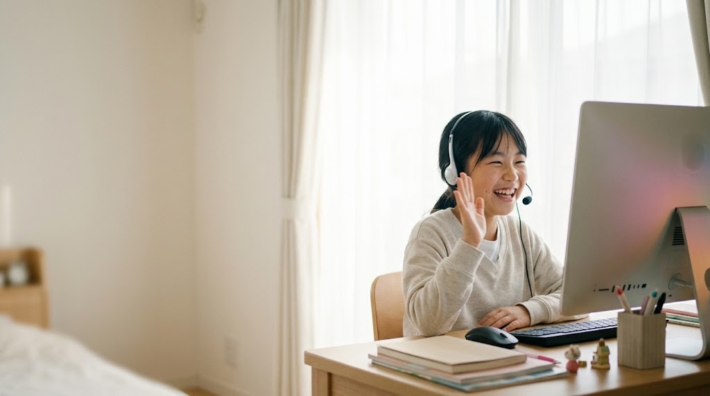 A girl wearing a headset laughs and waves at her desktop monitor while attending a virtual school from her bedroom desk (illustrative image)