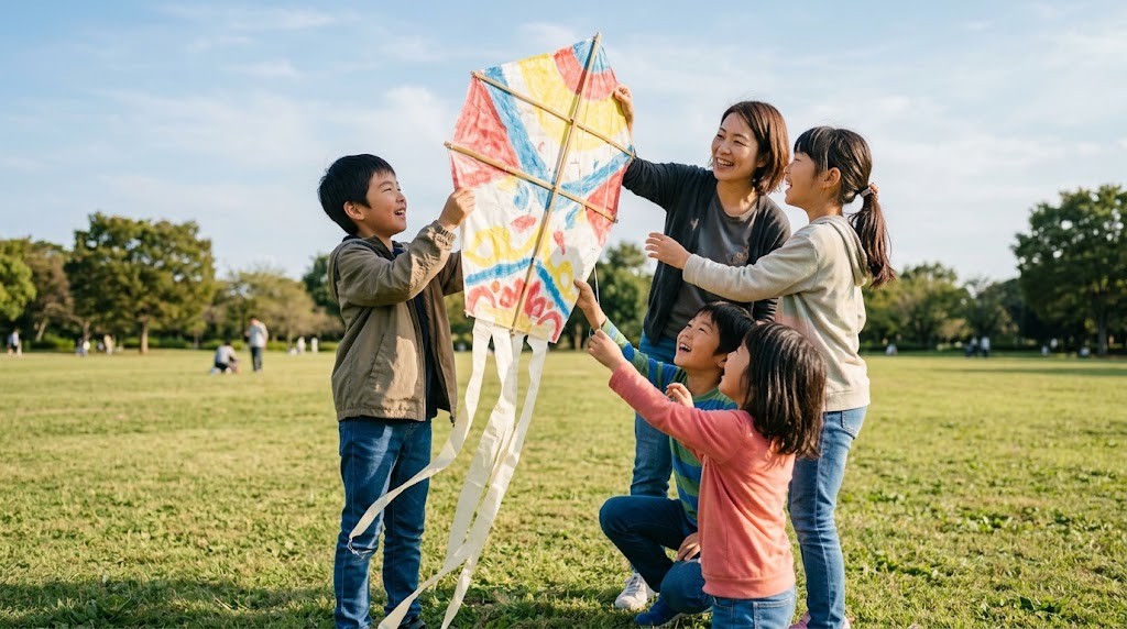 Children of different ages and a staff member hold up a large handmade kite together at an in-person meetup day in a park (illustrative image)