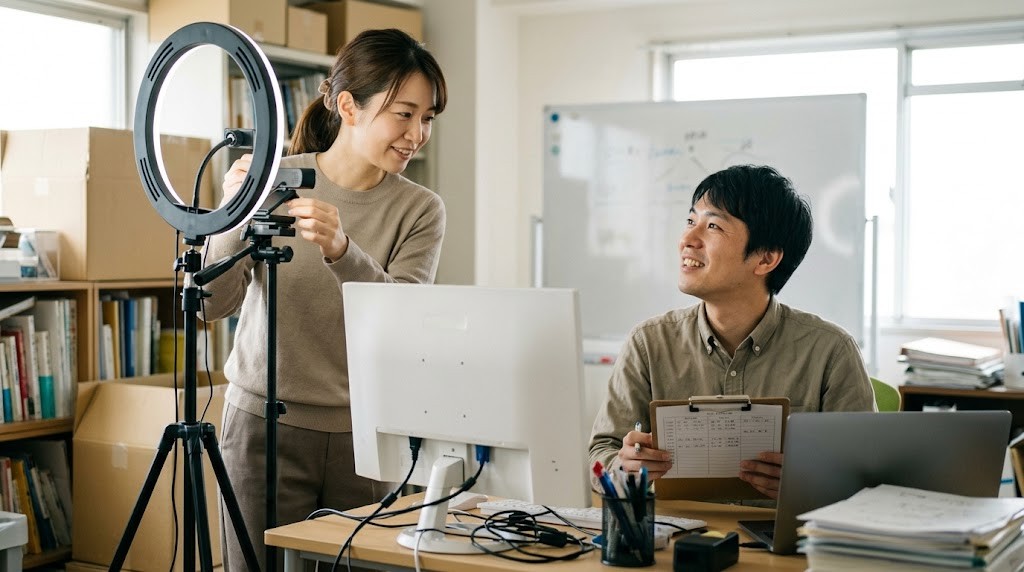 Two teachers prepare a day of online classes in a small studio, one adjusting a ring light and webcam, the other checking a timetable (illustrative image)