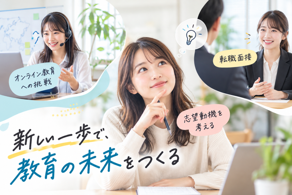 教員から教育企業への転職を考える女性と、オンライン教育への挑戦や転職面接のイメージ