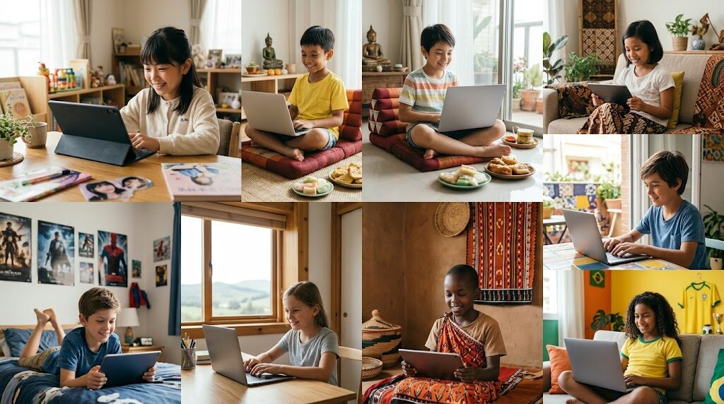 世界のさまざまな国の子どもたちがそれぞれの家で学ぶ様子