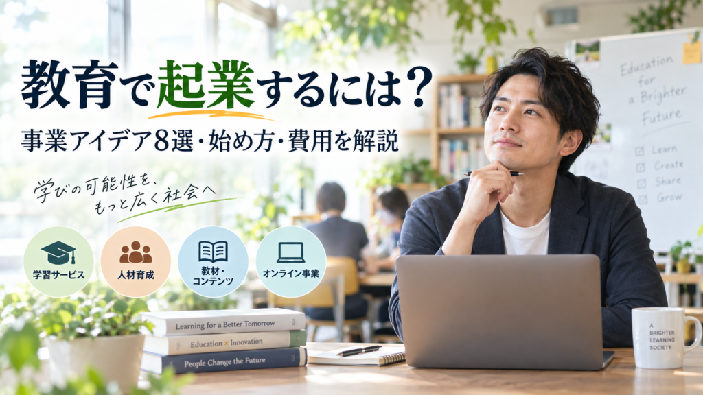 「教育で起業するには？事業アイデア8選・始め方・費用を解説」の見出しと、ノートパソコンを前にペンを持って考える男性。学習サービス・人材育成・教材制作・オンライン事業を表すアイコンを添えた、写真風のAI生成画像。