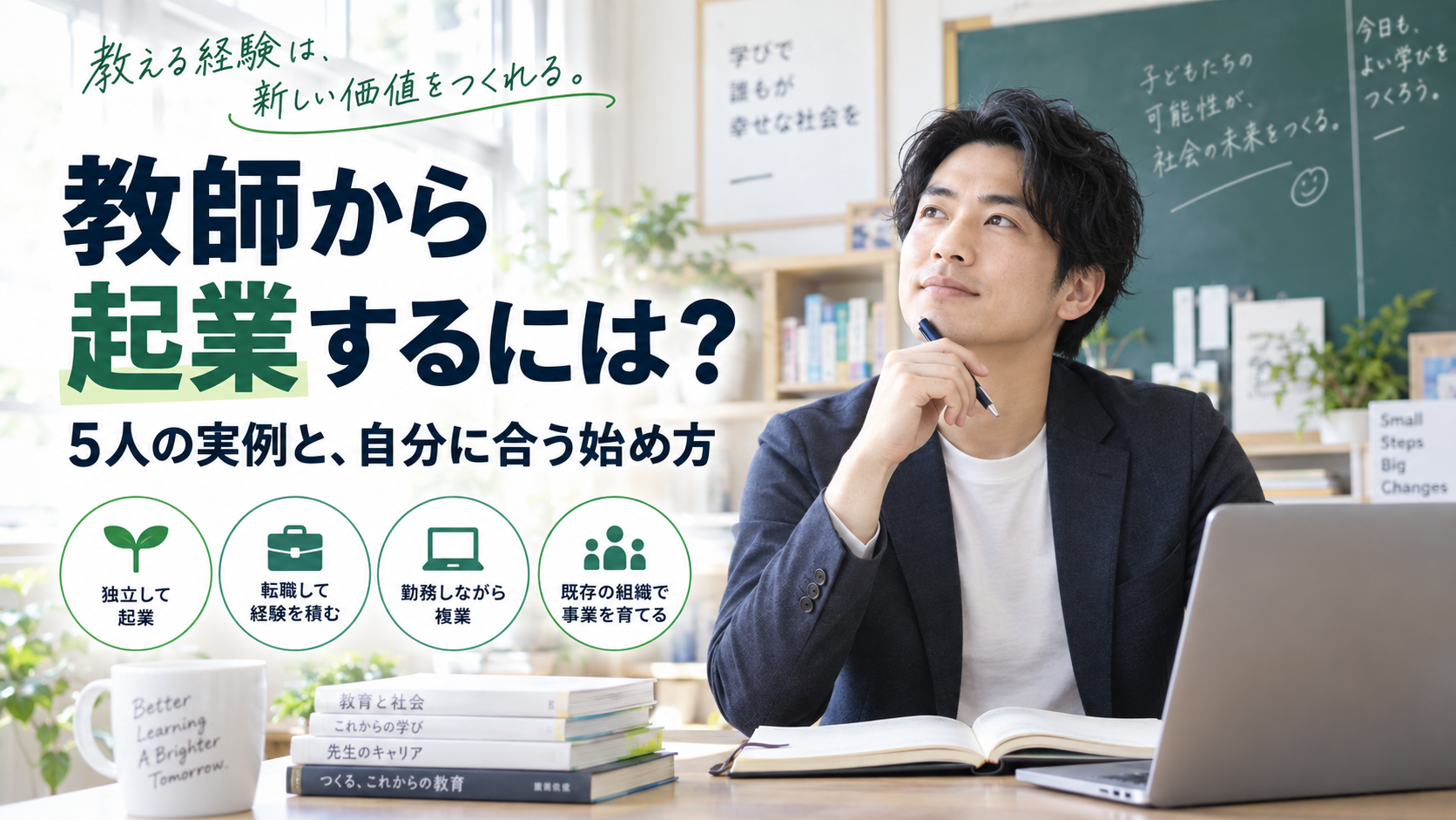 「教師から起業するには?5人の実例と、自分に合う始め方」の見出しと、教室でペンを持って考える男性。独立・転職・複業・既存組織での事業づくりを表すアイコンを添えた、写真風のAI生成画像。